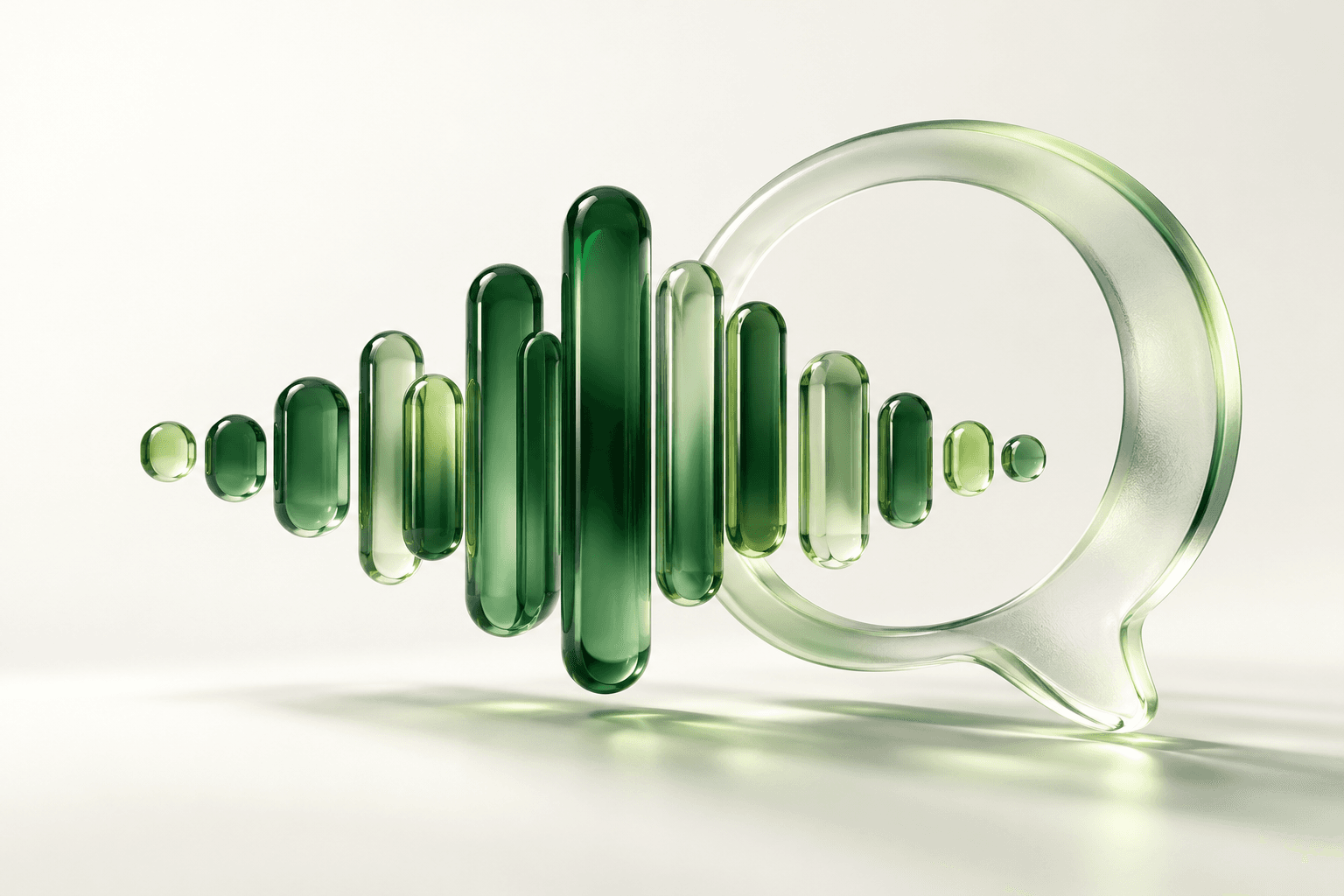 Sculptural green glass sound waves flowing into a translucent speech bubble